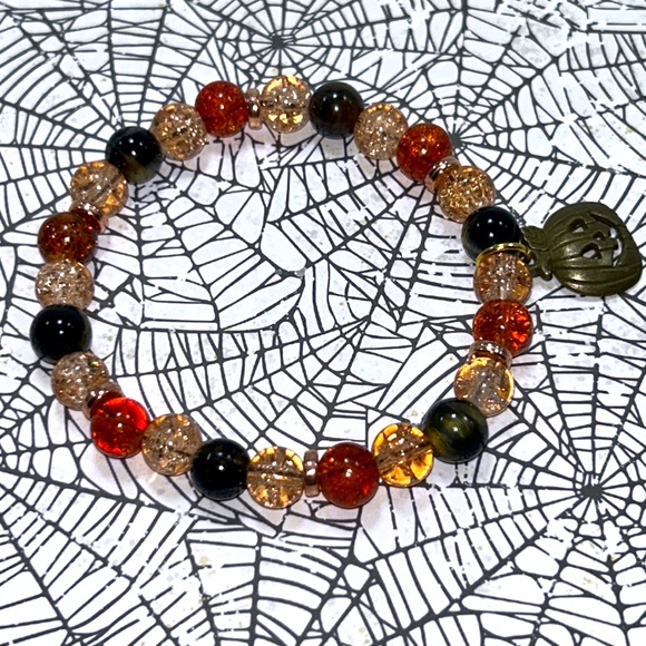 Handmade Halloween Pumpkin Charm Bracelet with Natural Tiger Eye Stones! - Picture 8 of 9